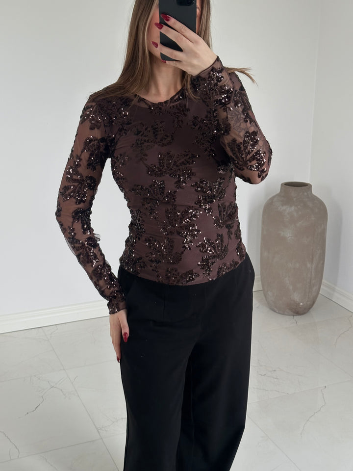 ELINA - Paljett top - Brun