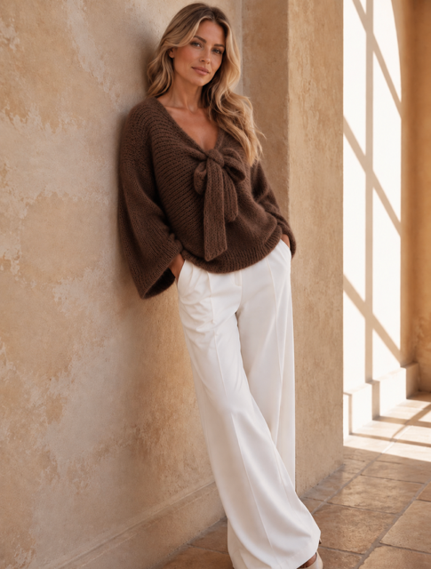 Lumi - Chunky Knit sweater w Bow - Dark Brown