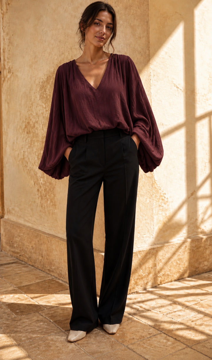 Honey & Haze - Kayla Cotton Balloon Blouse - Bordeaux