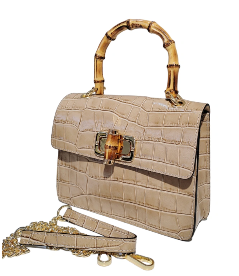 ARWEN - Läder väska med bambu handtag - Beige