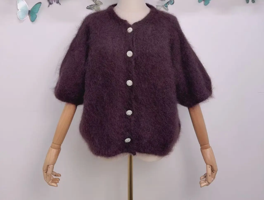 DIAMANT - Fluffy Mohair Cardigan - Dark Brown