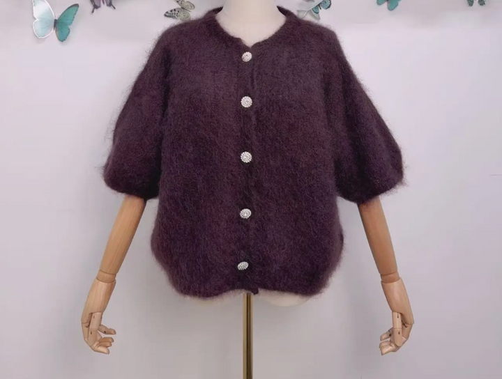 DIAMANT - Fluffy Mohair Cardigan - Dark Brown