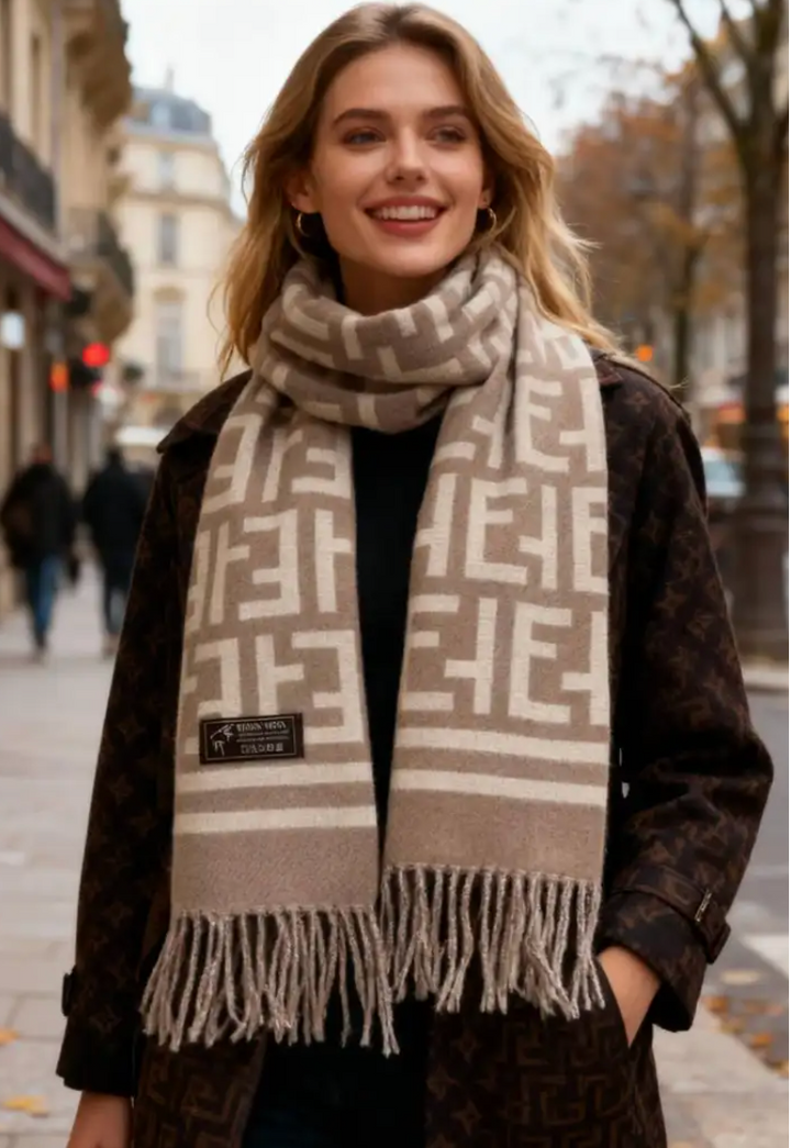 RILEY - Halsduk mönstrad - Taupe/Offwhite