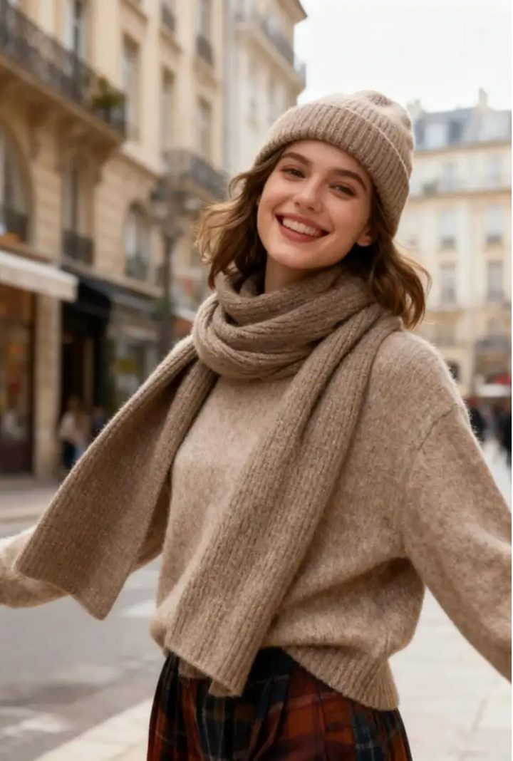 PALOMA - Halsduk och mössa med glittertråd - Taupe