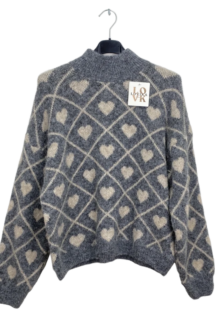LOVELY - Turtle neck knit heart jumper - Grey/Beige