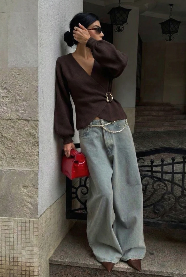 SELECTED BY KABARE - Amelia - Wrap cardigan med spänne - Brun