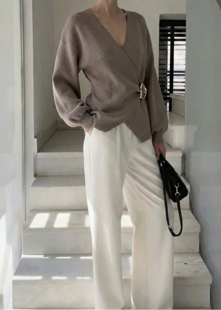 SELECTED BY KABARE - Amelia - Wrap cardigan med spänne - Taupe