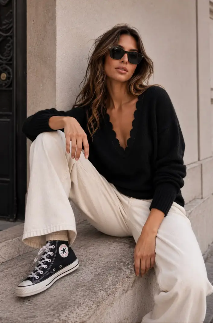 SCARLET - Knit V Lace Jumper - Black