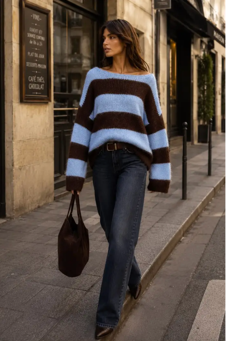 AMANDA - Oversized Knit Jumper - Brown/Blue