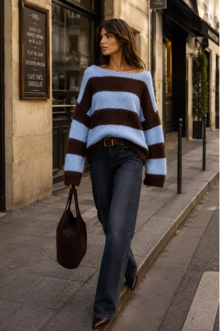 AMANDA - Oversized Knit Jumper - Brown/Blue
