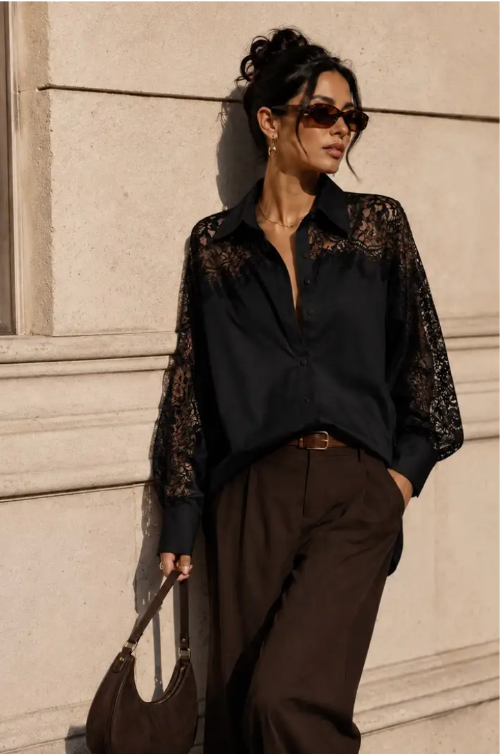 JANE - Blus med spets - Svart