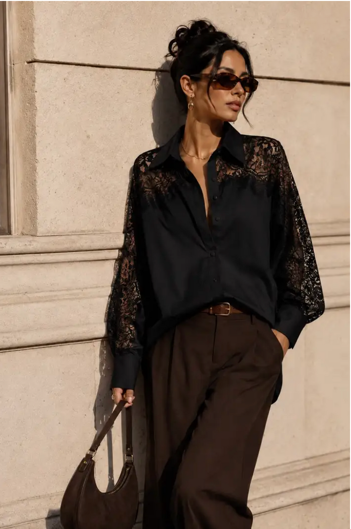 JANE - Blus med spets - Svart