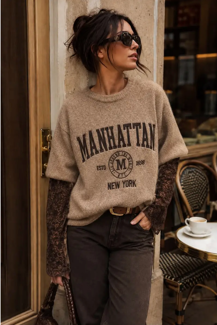 MANHATTAN - Oversized Boucle Knit w lace sleeves - Taupe/Brown