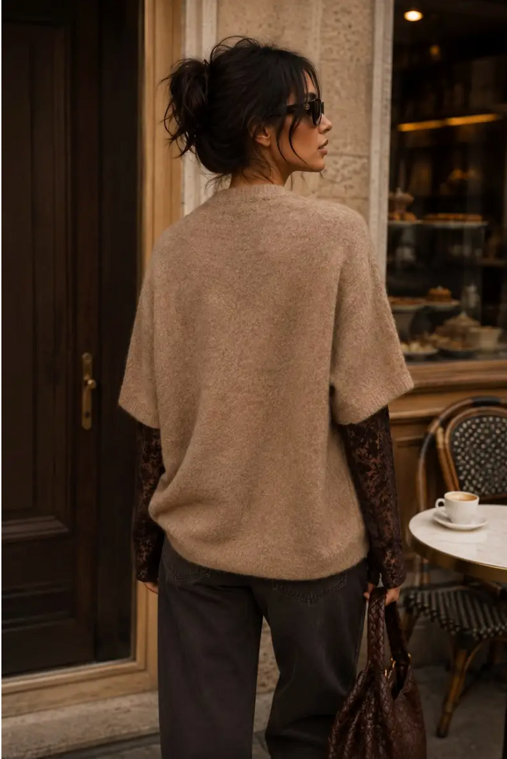 MANHATTAN - Oversized Boucle Knit w lace sleeves - Taupe/Brown