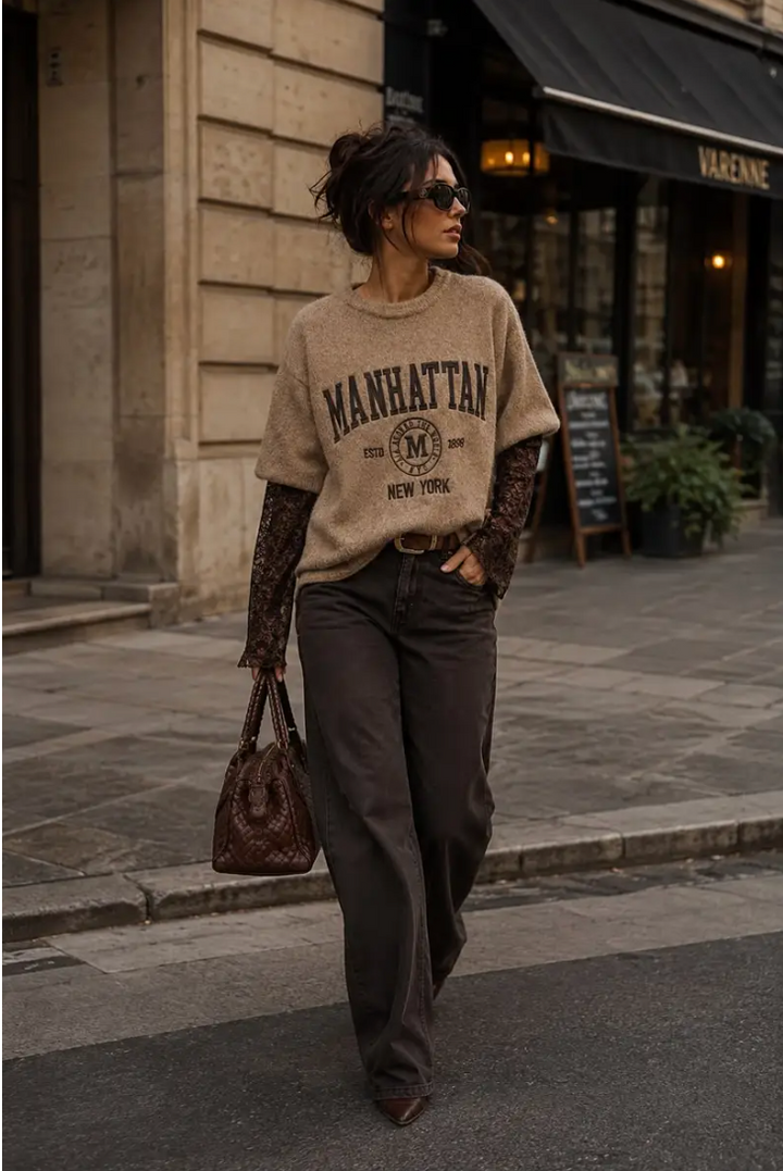 MANHATTAN - Oversized Boucle Knit w lace sleeves - Taupe/Brown