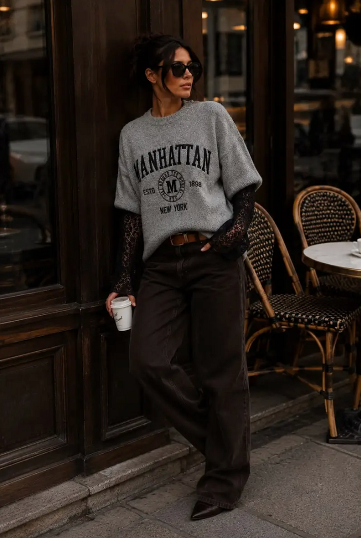 MANHATTAN - Oversized Boucle Knit w lace sleeves - Grey/Black