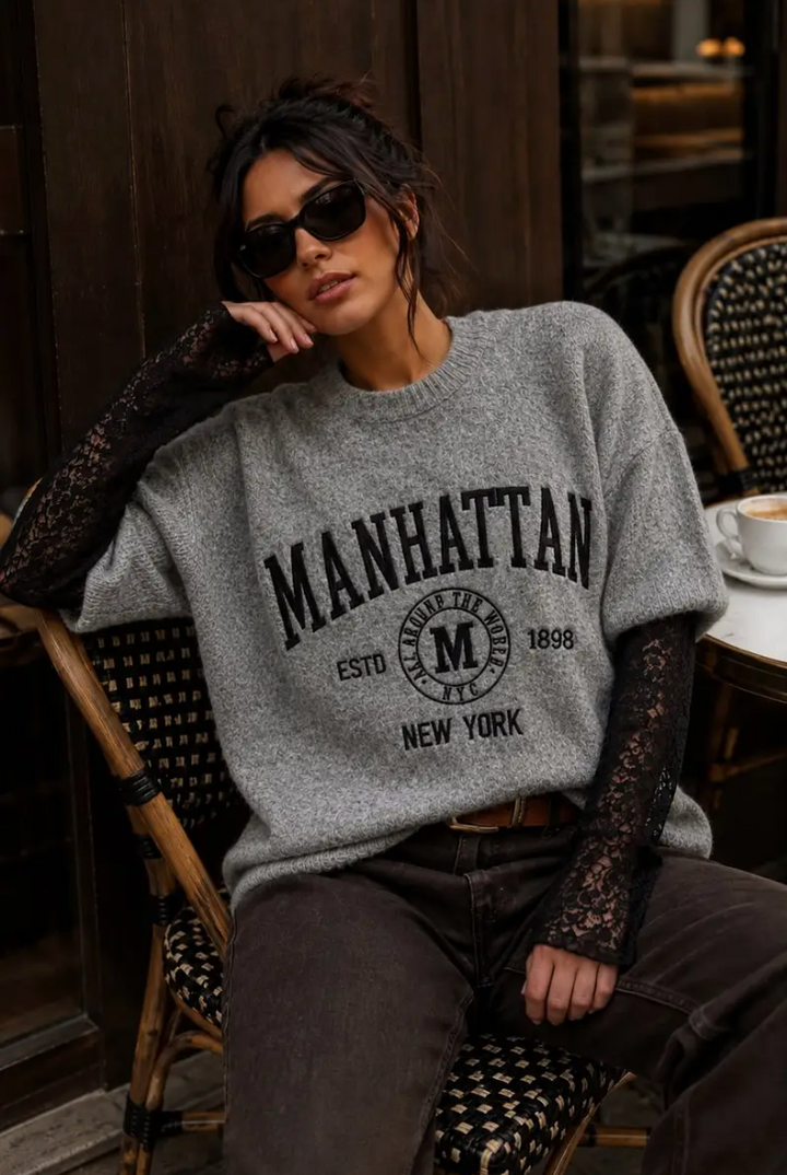 MANHATTAN - Oversized Boucle Knit w lace sleeves - Grey/Black