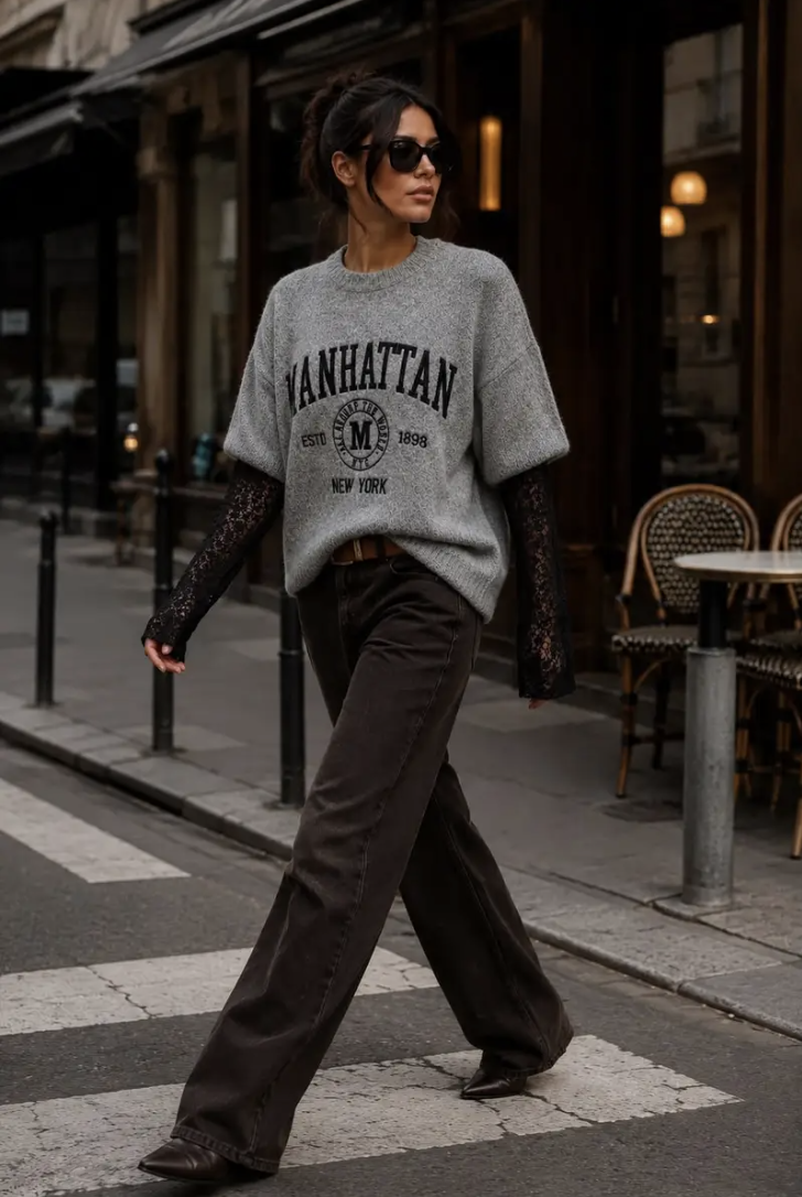 MANHATTAN - Oversized Boucle Knit w lace sleeves - Grey/Black