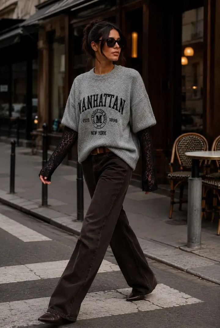 MANHATTAN - Oversized Boucle Knit w lace sleeves - Grey/Black
