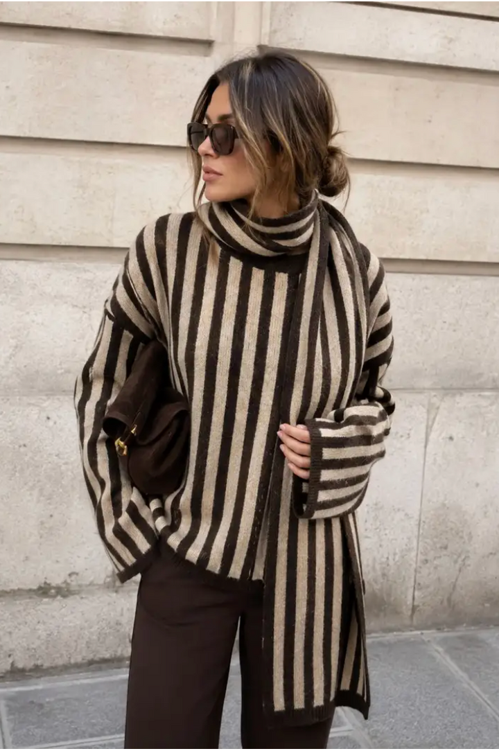 TALLULAH - Boxy Sweater w Scarf - Brown/Taupe