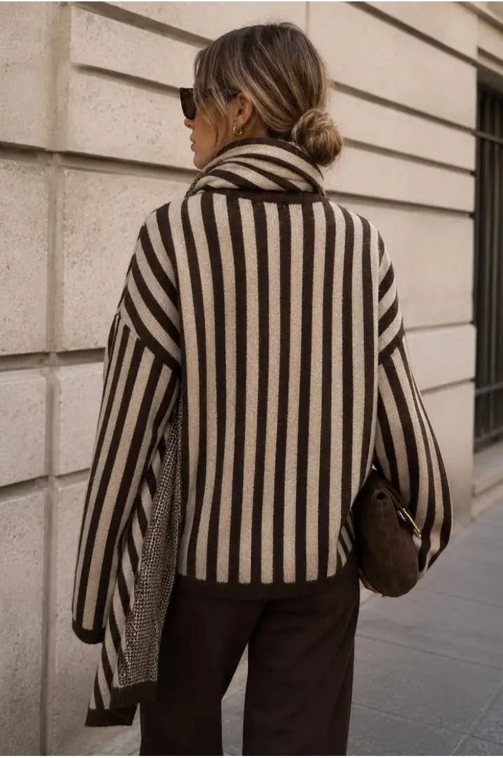 TALLULAH - Boxy Sweater w Scarf - Brown/Taupe