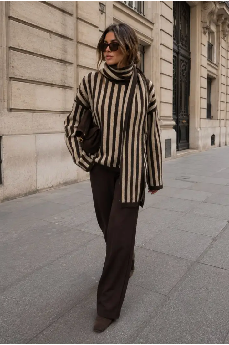 TALLULAH - Boxy Sweater w Scarf - Brown/Taupe