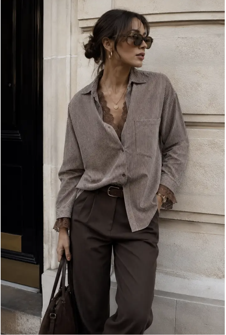 LEVI - Oversized Striped Shirt - Brown