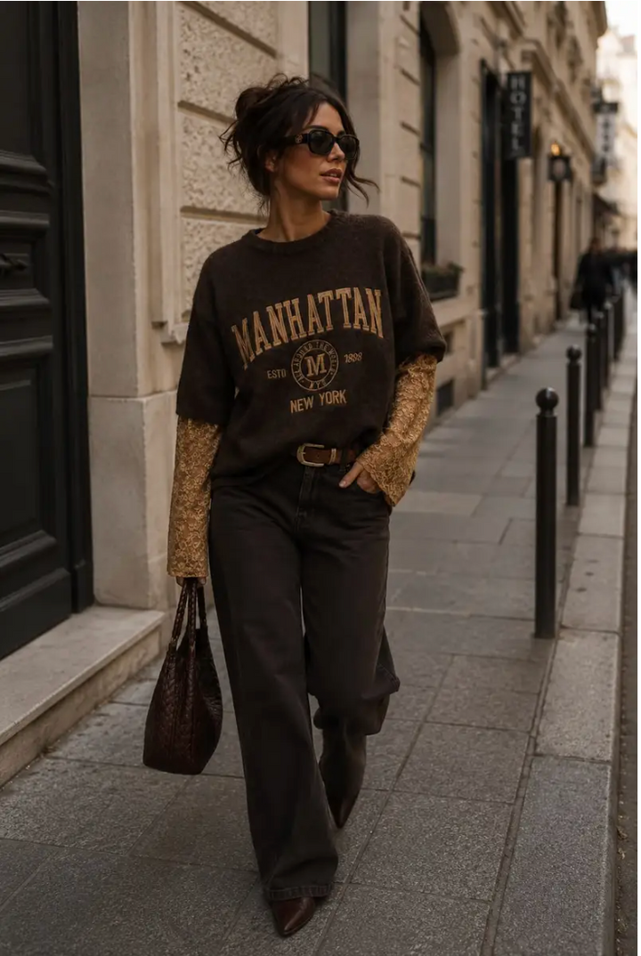 MANHATTAN - Oversized Boucle Knit w lace sleeves - Brown/Camel