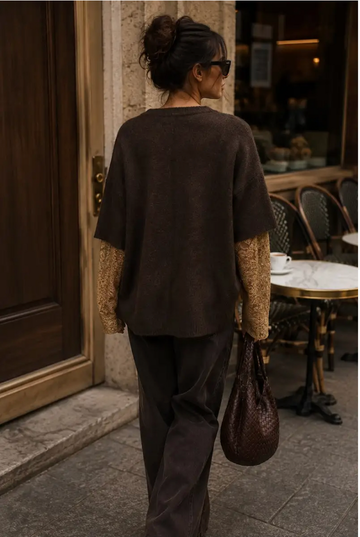 MANHATTAN - Oversized Boucle Knit w lace sleeves - Brown/Camel