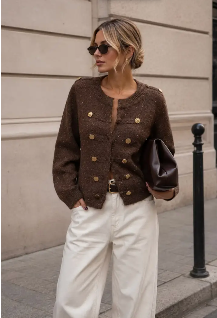 DELFY - Textured Knit Cardigan - Brown
