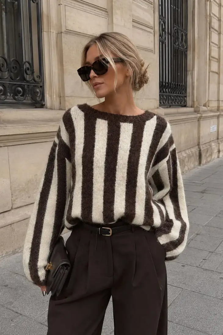 BOWIE - Boxy Sweater w Bow - Brown/Beige