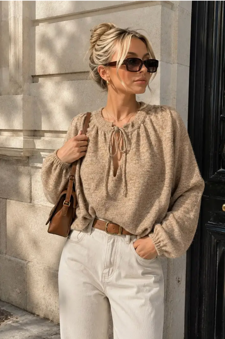 TIPPY - Knit Balloon Top - Taupe Melange