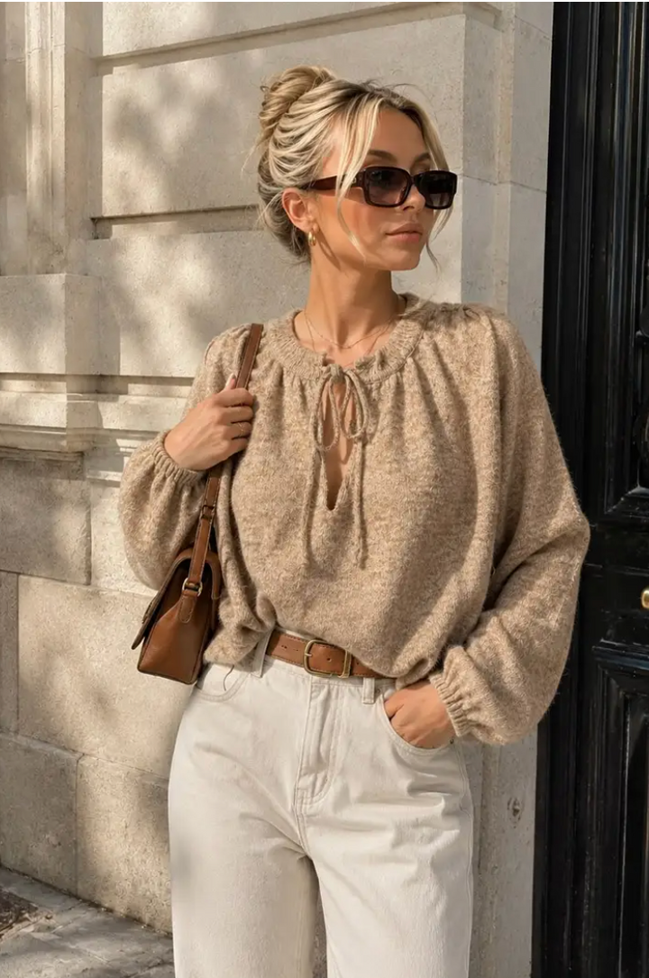 TIPPY - Knit Balloon Top - Taupe Melange
