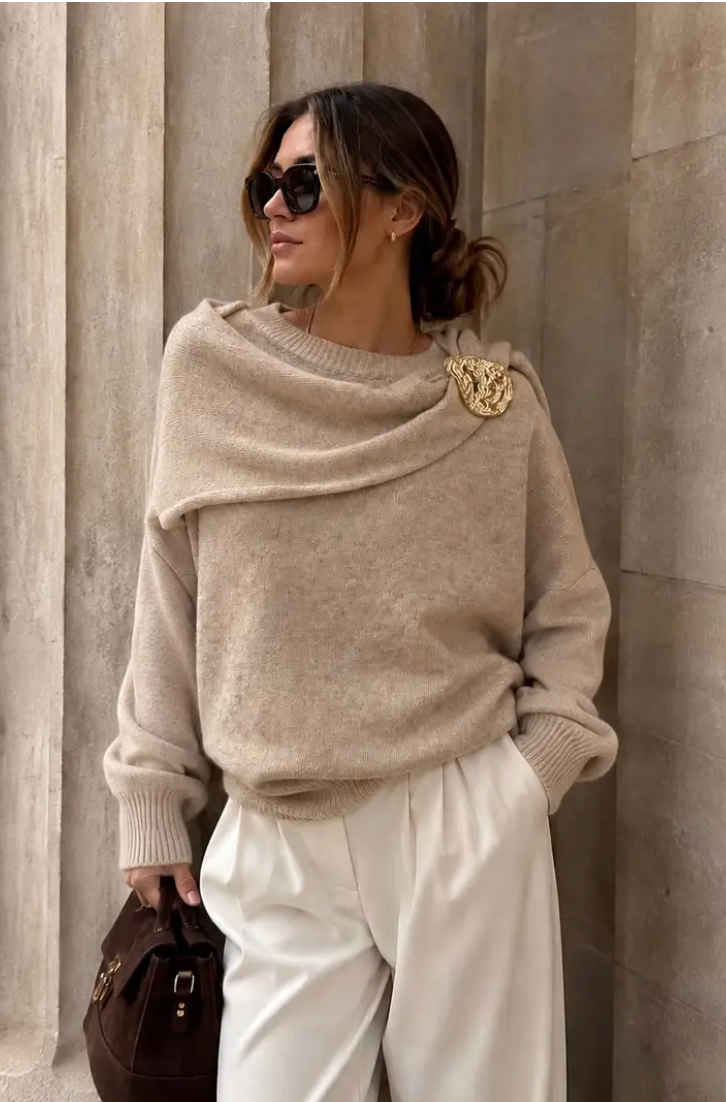 MEIRAM - Knit Scarf Sweater - Beige