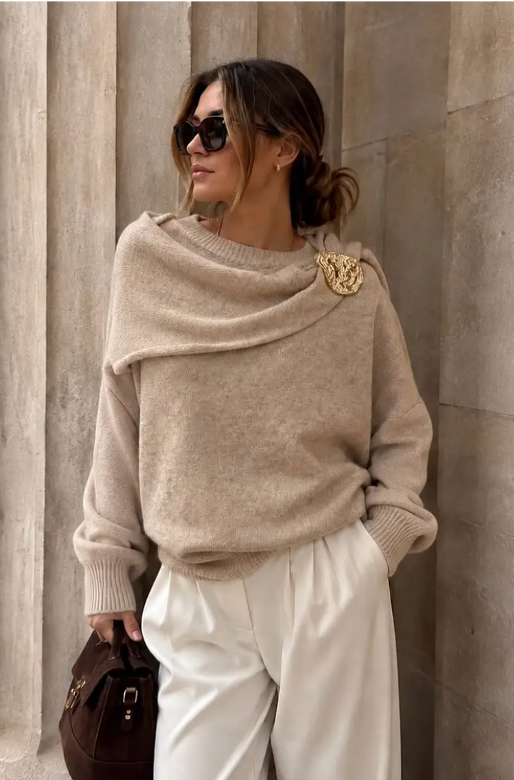 MEIRAM - Knit Scarf Sweater - Beige