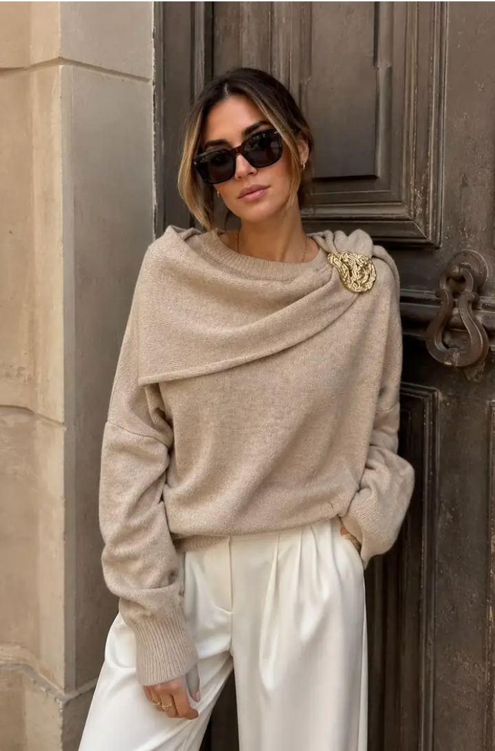 MEIRAM - Knit Scarf Sweater - Beige