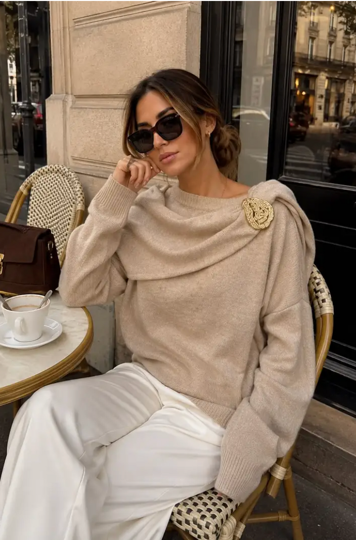 MEIRAM - Knit Scarf Sweater - Beige