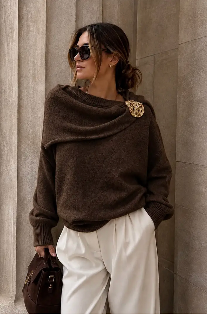MEIRAM - Knit Scarf Sweater - Brown