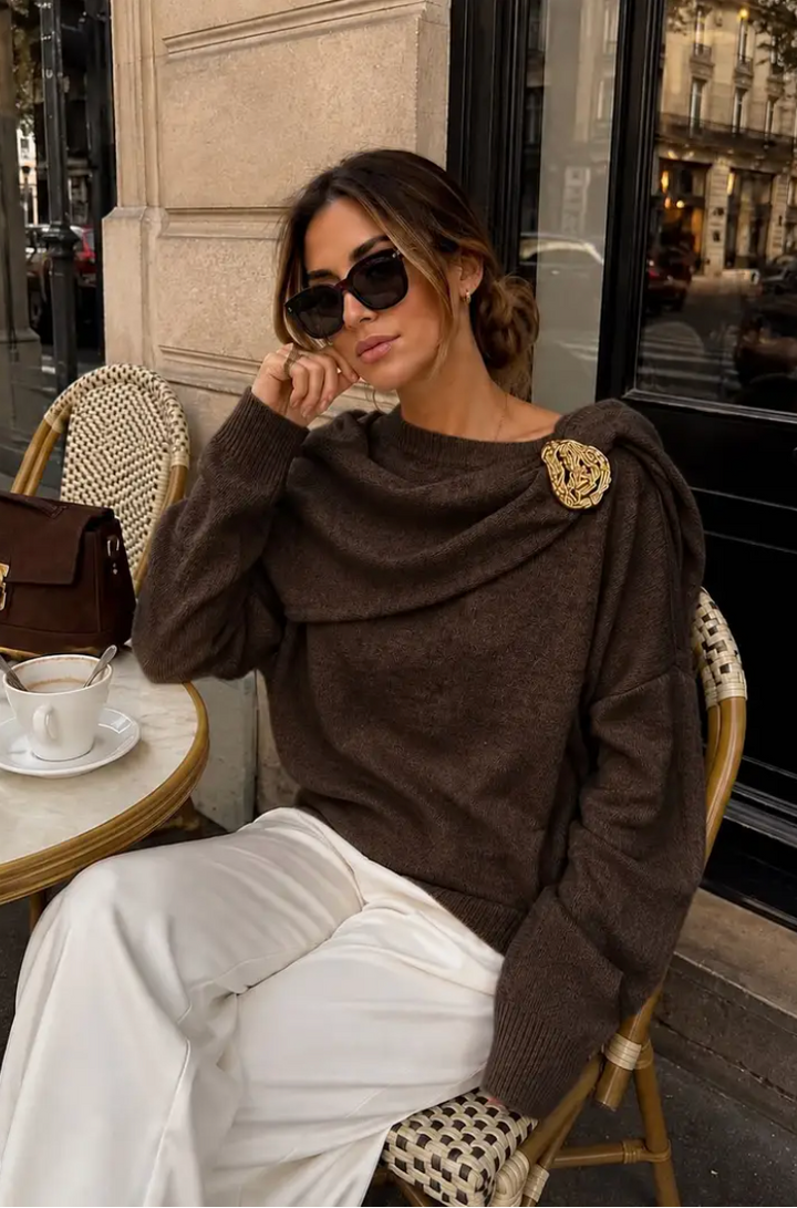 MEIRAM - Knit Scarf Sweater - Brown