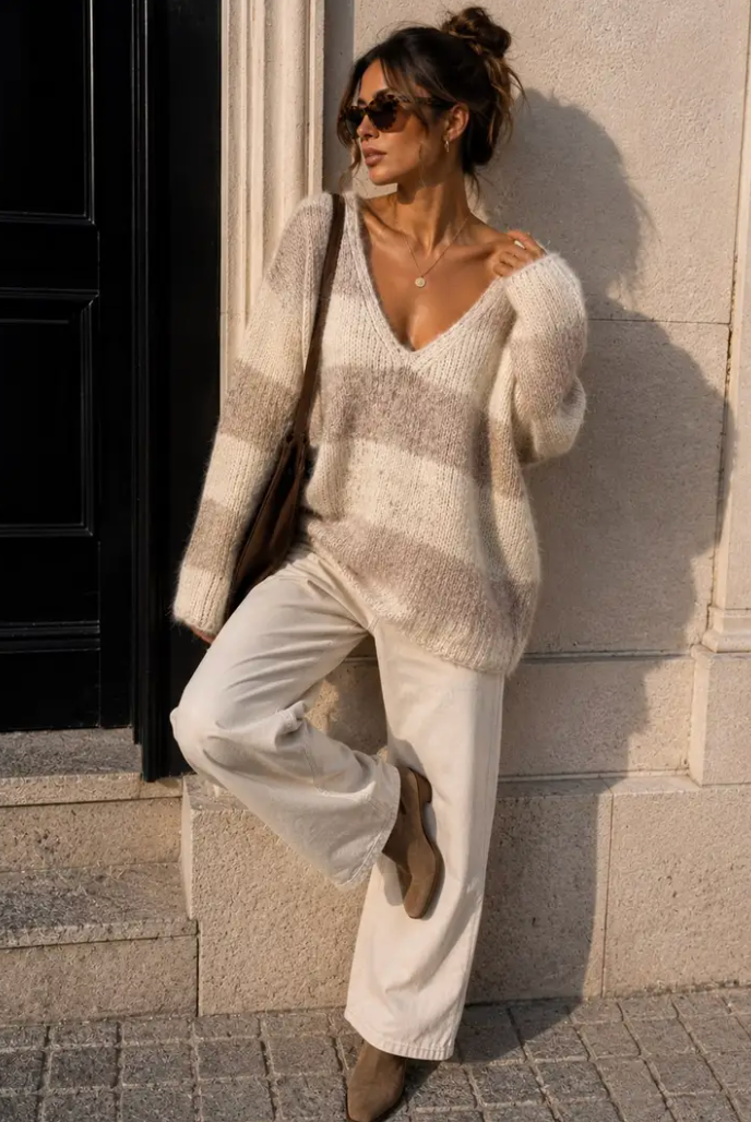 TESS - Oversized Knit V Jumper - Taupe