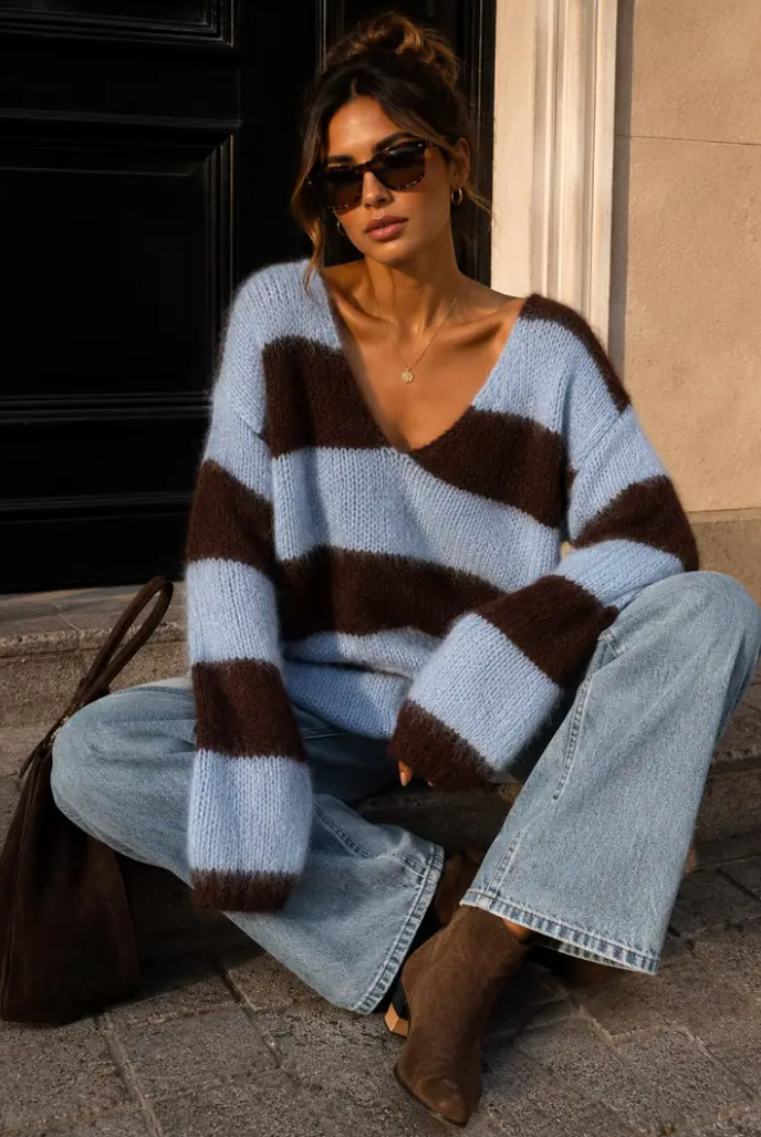 TESS - Oversized Knit V Jumper - Blue