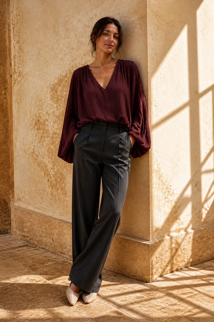 Honey & Haze - Kayla Cotton Balloon Blouse - Bordeaux