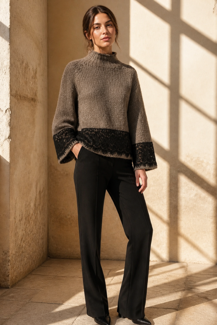 Honey & Haze - Valérie Turtleneck knit sweater w lace - Taupe/Black