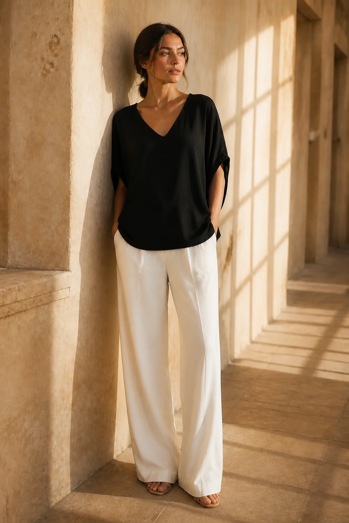 Honey & Haze - Jade Glossy V neck Blouse - Black