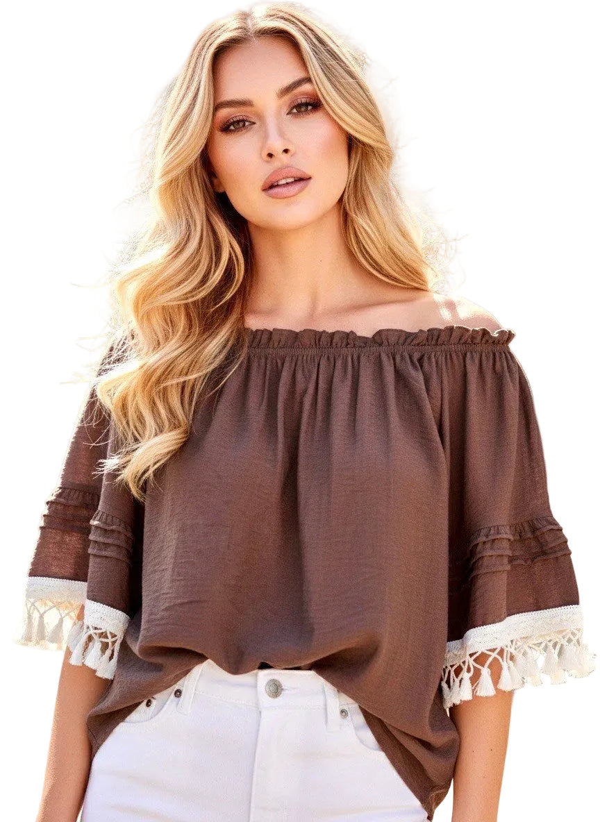 TOSCANA - Flowy off-shoulder boho blus - Brun/Creme
