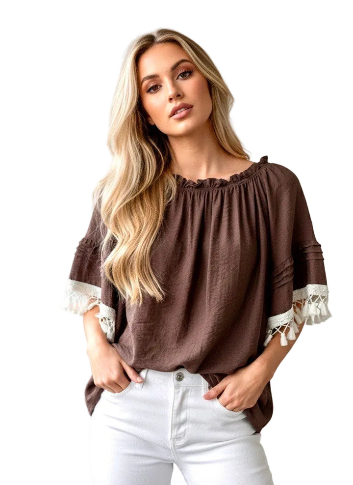 TOSCANA - Flowy off-shoulder boho blus - Brun/Creme
