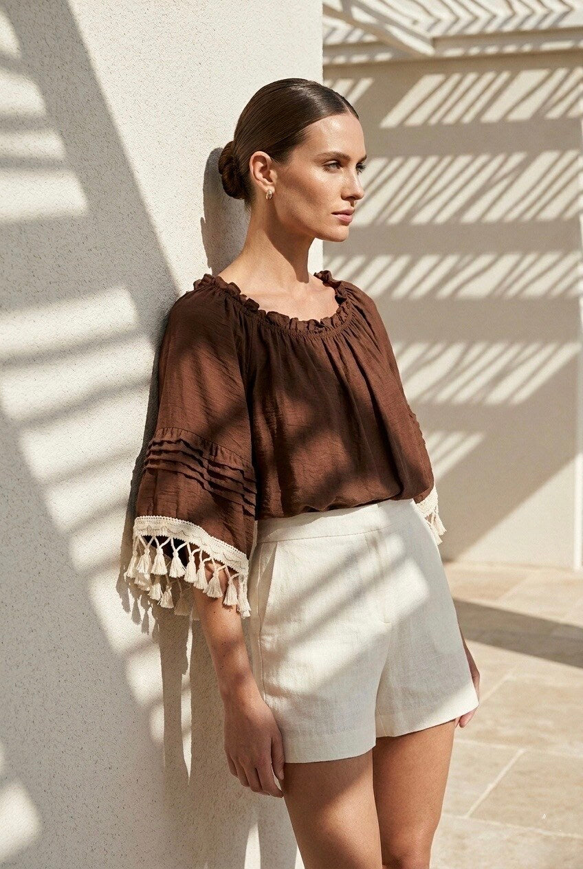 TOSCANA - Flowy off-shoulder boho blus - Brun/Creme