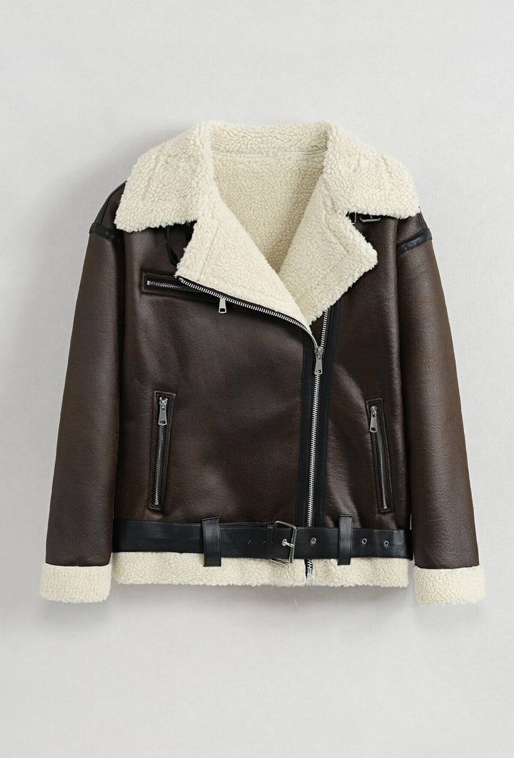 AVIATOR - Oversized Faux Leather Jacket - Brown