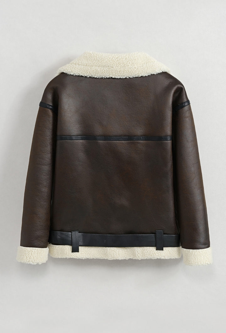 AVIATOR - Oversized Faux Leather Jacket - Brown