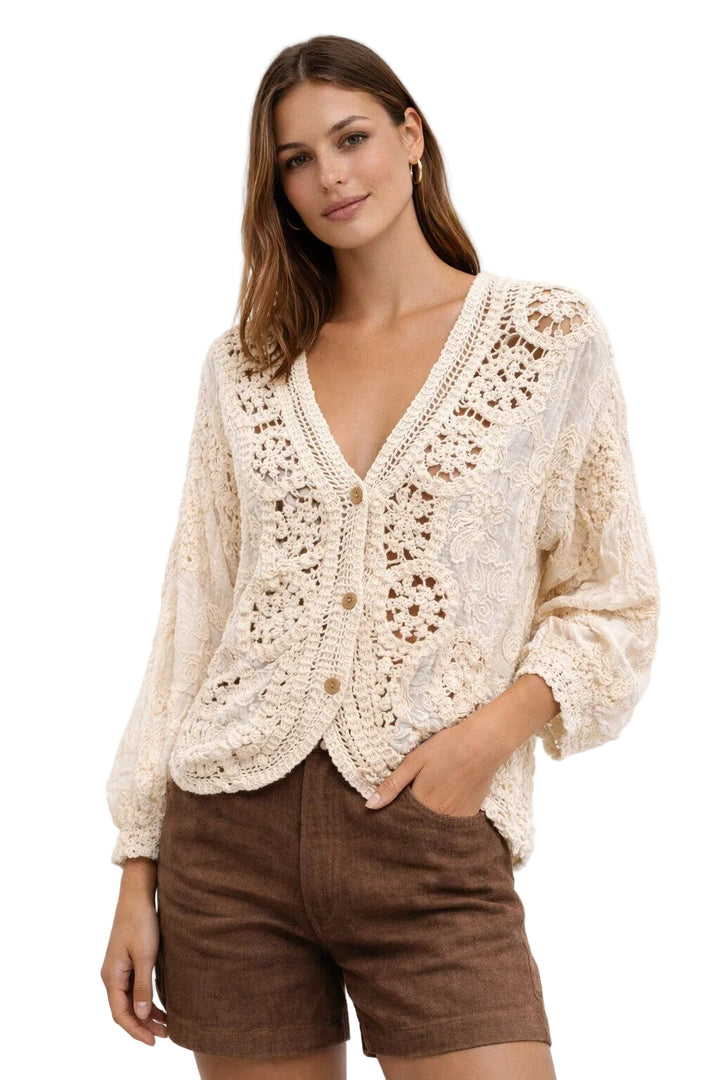 SELECTED BY KABARE - White Occasion  - Boho cardigan in crochet and lace - Ecru